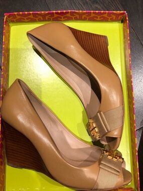 Tory Burch Tan Leather Peep-Toe Wedge Pumps with Ribbon & Gold Logo